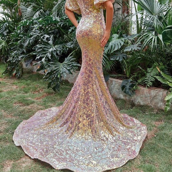 Gold Preppy Womens Off Shoulder Mermaid Hem Sequin Formal Dress - Picture 2 of 5